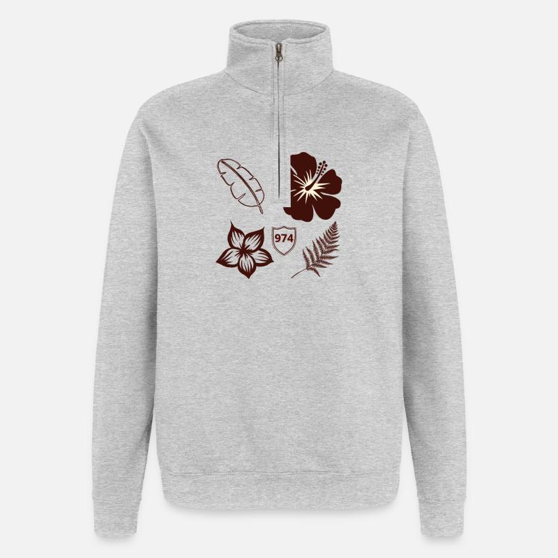 Hibiscus Rétro 974 et Feuillage - Sweat à zip 1/4 - gris chiné