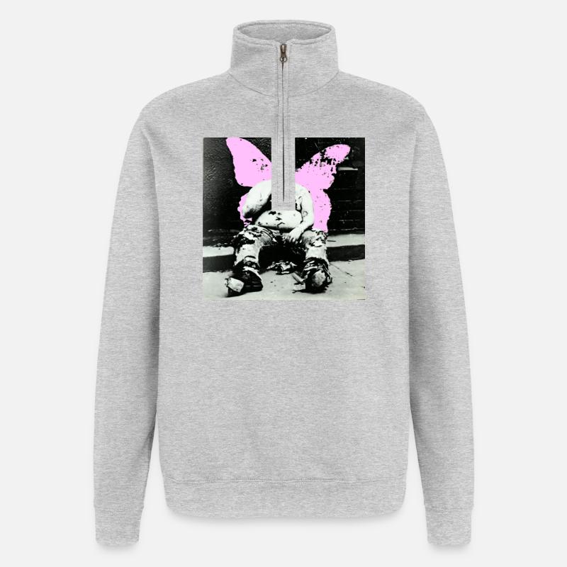 Pinker Schmetterling Mann - Quarter-Zip-Sweatshirt - Grau meliert