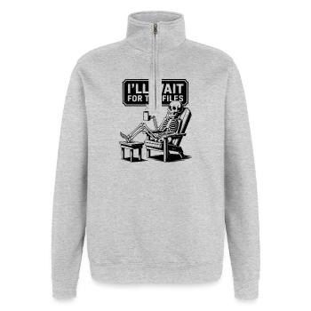  Waiting Skeleton Meme Project Manager Office - Quarter-Zip-Sweatshirt - Grau meliert - Vorne - AI Model Female 172 light (172cm) & AI Model Male 178 dark (178cm)