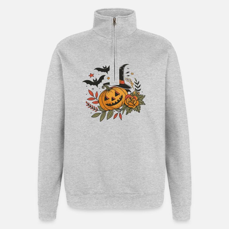 Citrouille Halloween Sorcière et Fleurs - Sweat à zip 1/4 - gris chiné