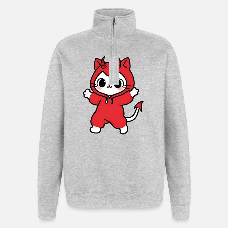 Cat Devil Kapuzenpullover Rot - Quarter-Zip-Sweatshirt - Grau meliert
