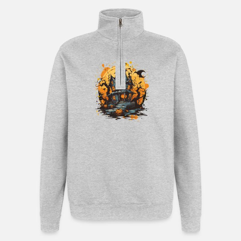 Maison hantée dans la lune d’Halloween - Sweat à zip 1/4 - gris chiné
