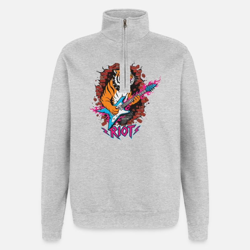 Tiger with guitar against rubble wall - Quarter-Zip Sweatshirt - heather grey