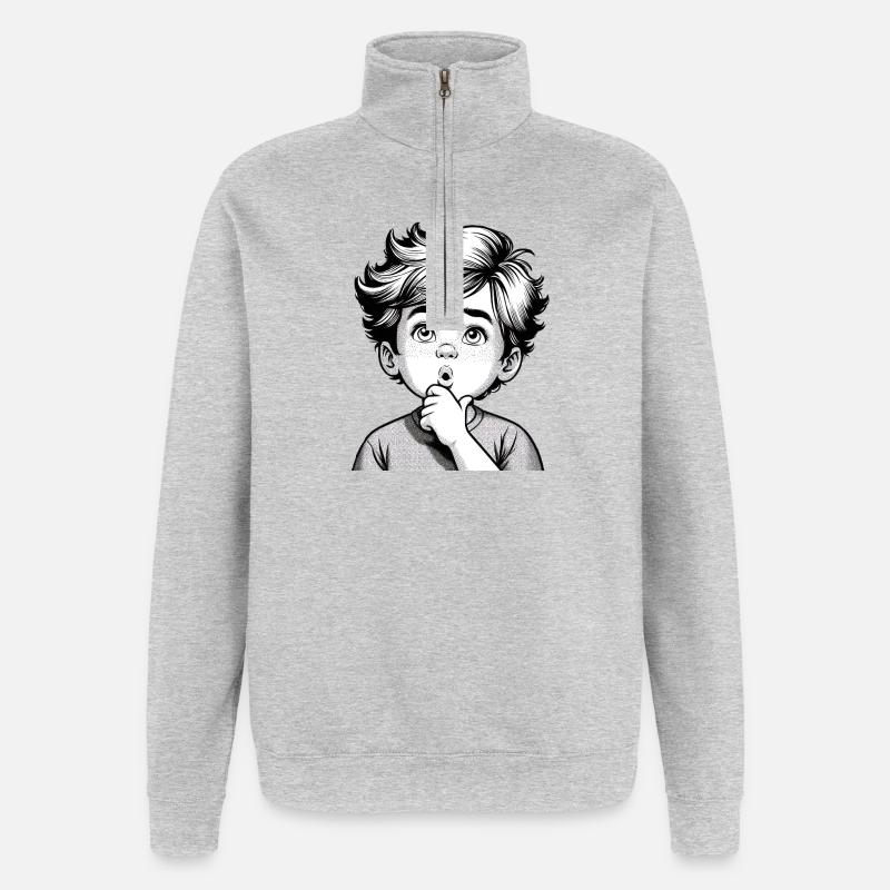 Garçon surpris et réfléchi | Garçon réfléchi - Sweat à zip 1/4 - gris chiné