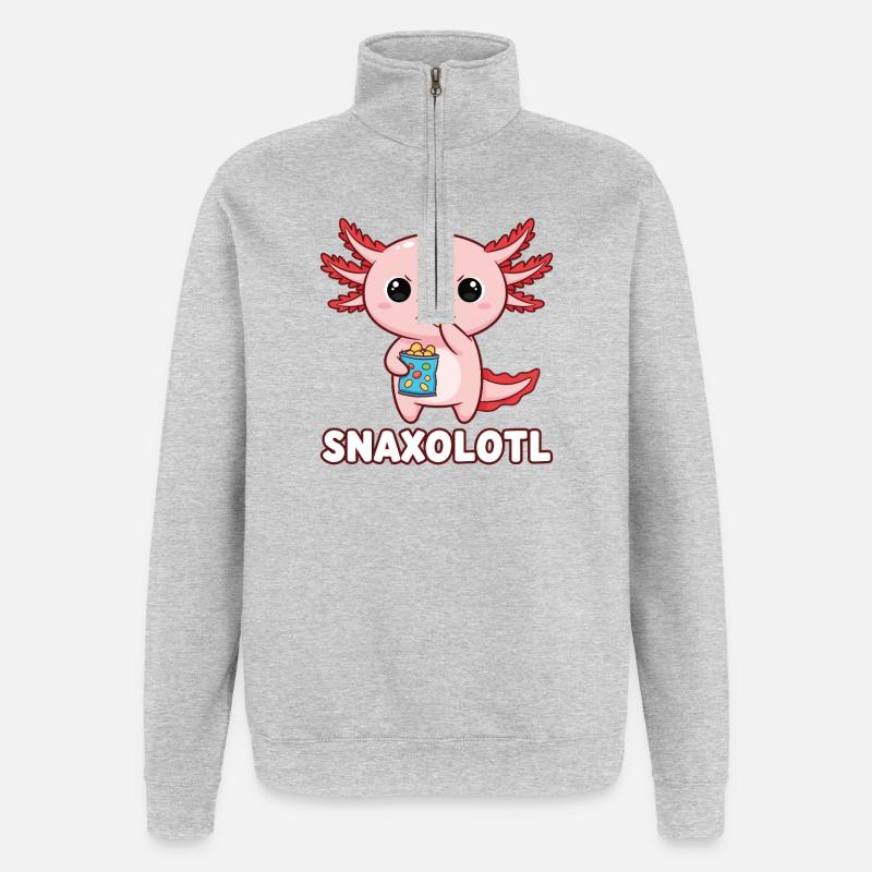 Mignon axolotl rose mangeant des chips - Sweat à zip 1/4 - gris chiné