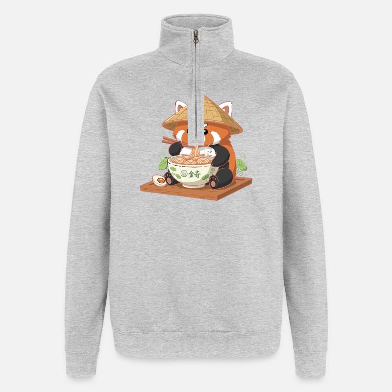 Panda Ramen mit Strohhut - Quarter-Zip-Sweatshirt - Grau meliert