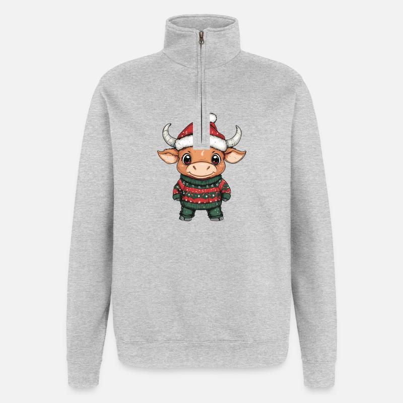 Taureau Noël - Sweat à zip 1/4 - gris chiné