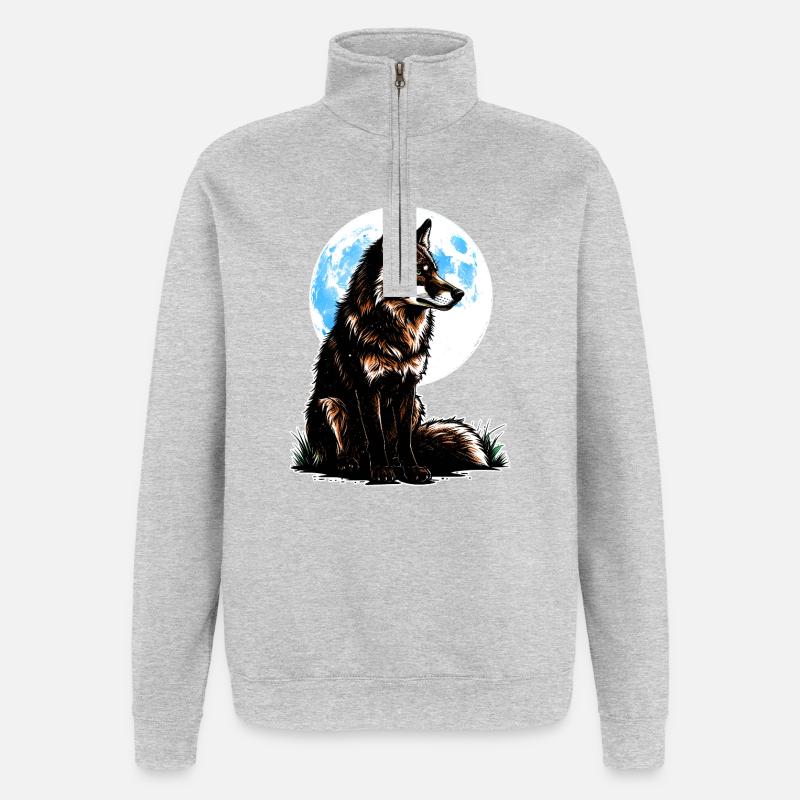 Un loup devant une lune bleue - Sweat à zip 1/4 - gris chiné