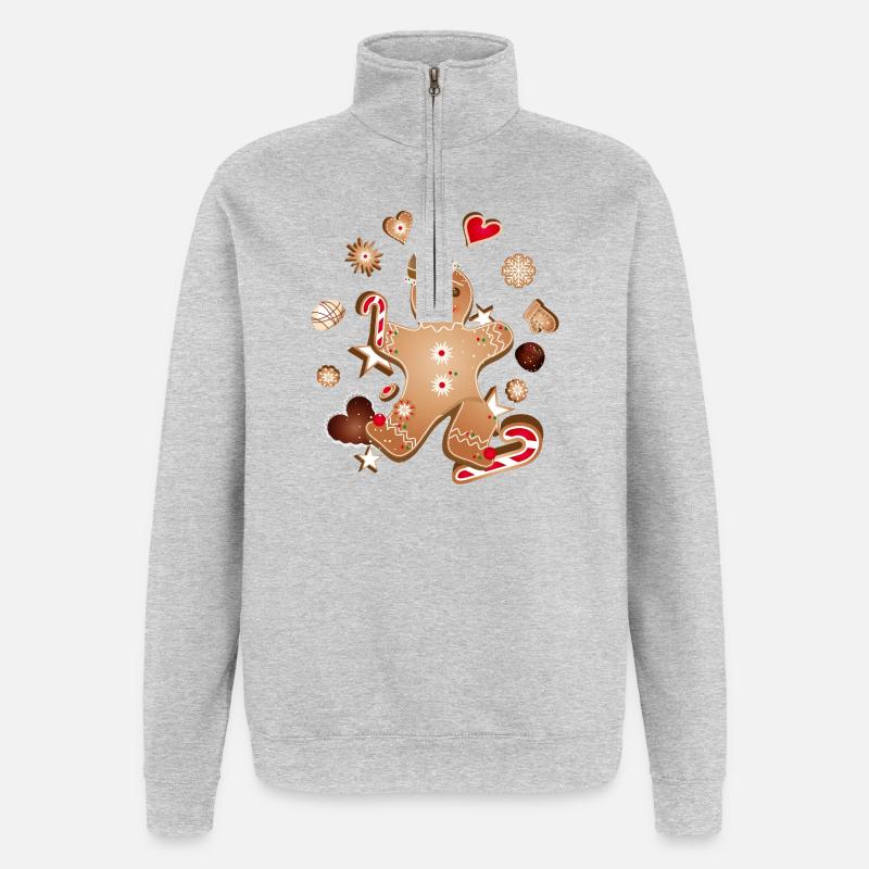Fröhlicher Lebkuchenmann mit Weihnachtsplätzchen - Quarter-Zip-Sweatshirt - Grau meliert