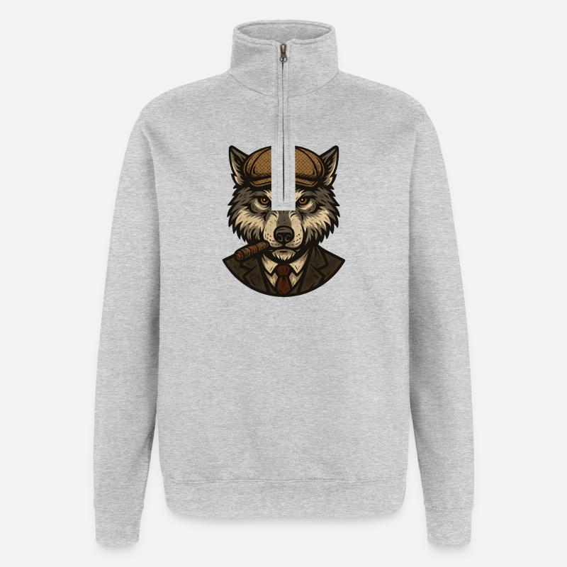 Wolf mit Baskenmütze und Zigarre - Quarter-Zip-Sweatshirt - Grau meliert