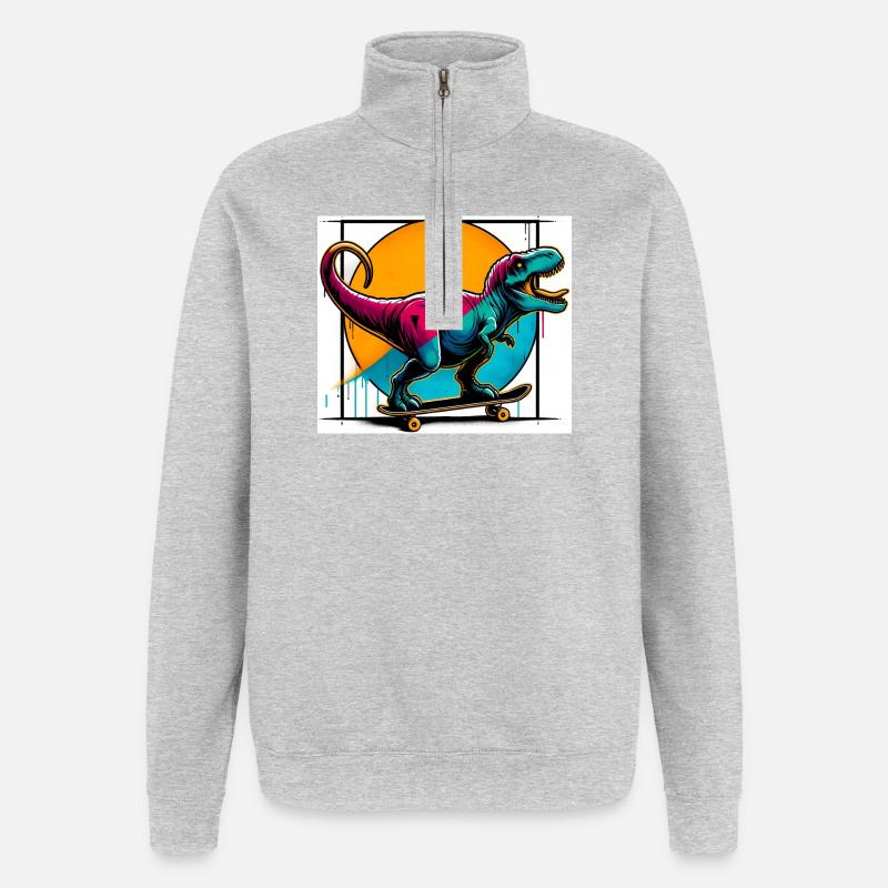 Dinosaure sur Skateboard - Sweat à zip 1/4 - gris chiné