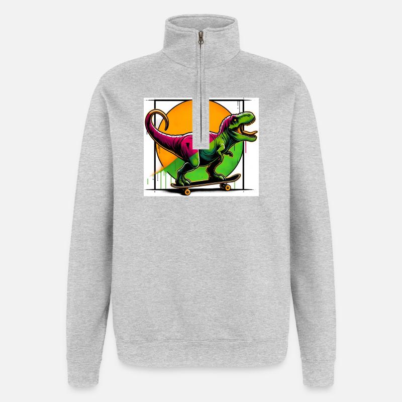 Dinosaure sur Skateboard - Sweat à zip 1/4 - gris chiné