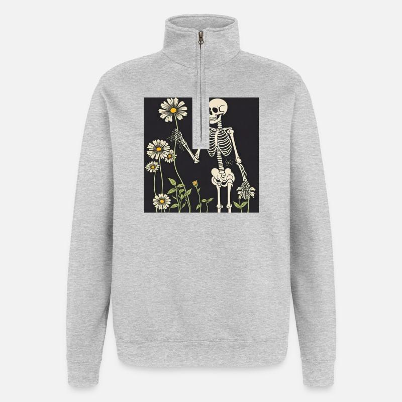 Skelett und Gänseblümchen-Strauß - Quarter-Zip-Sweatshirt - Grau meliert