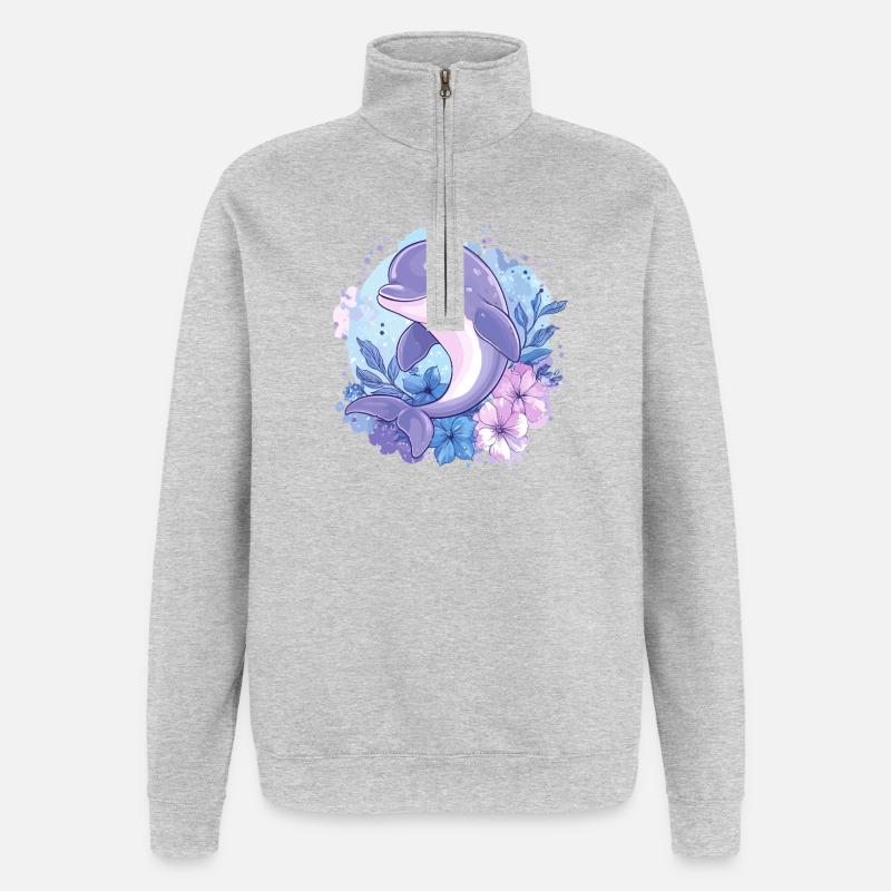 Dauphin dans le cercle de fleurs - Sweat à zip 1/4 - gris chiné