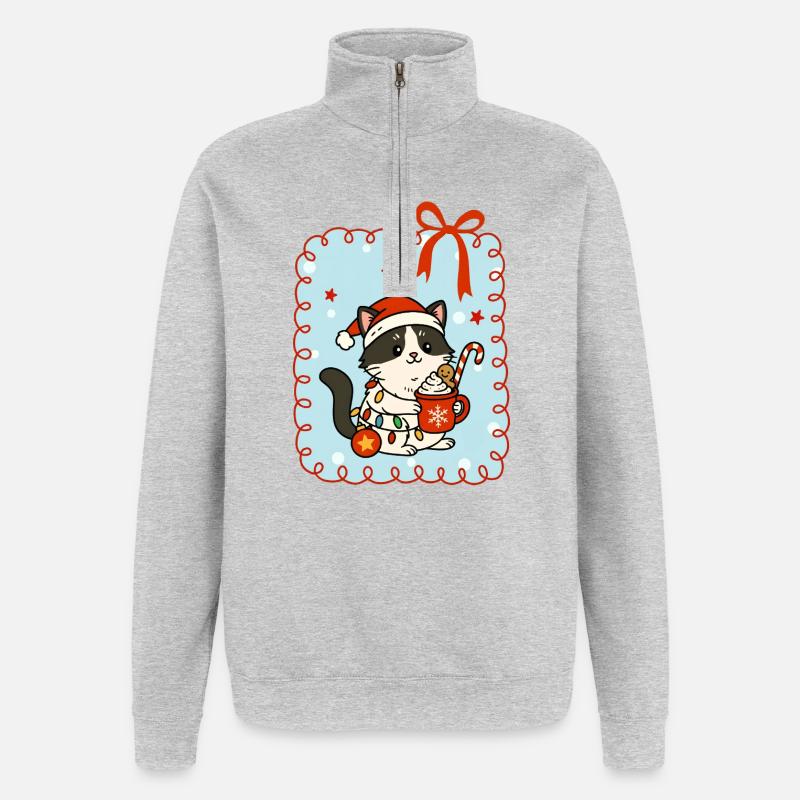 Chat à Noël - Sweat à zip 1/4 - gris chiné