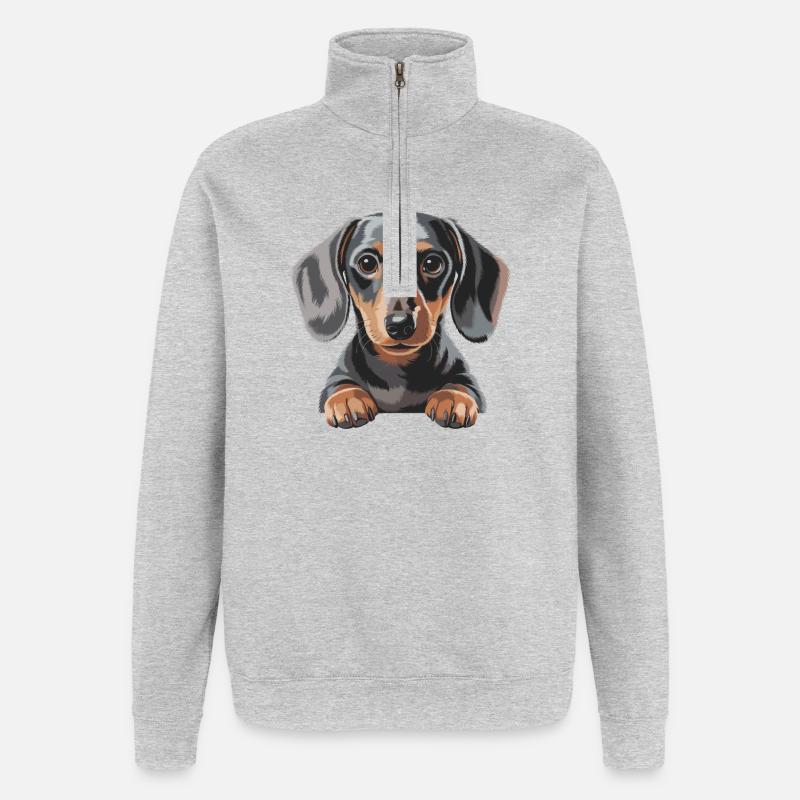 Illustration de chiot teckel - Sweat à zip 1/4 - gris chiné