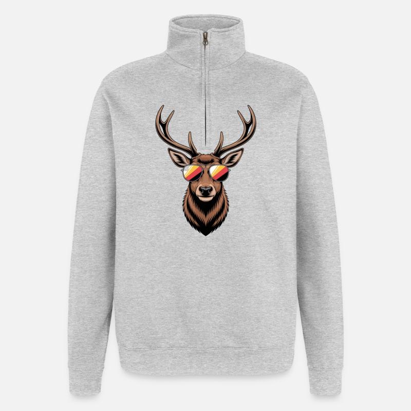 Hirsch mit Geweih und Sonnenbrille - Quarter-Zip-Sweatshirt - Grau meliert
