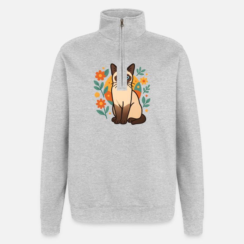 Motifs de fleurs de chat siamois - Sweat à zip 1/4 - gris chiné
