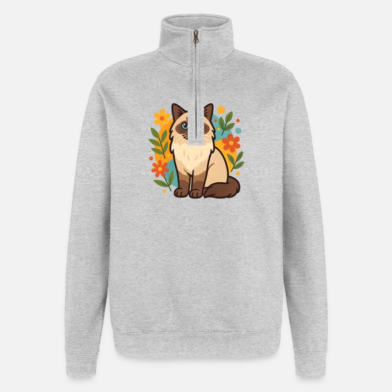 Ragdoll Katze mit Blumenkreis - Quarter-Zip-Sweatshirt - Grau meliert