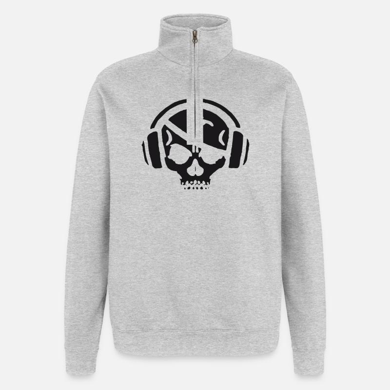 Schädel mit Kopfhörer - Quarter-Zip-Sweatshirt - Grau meliert