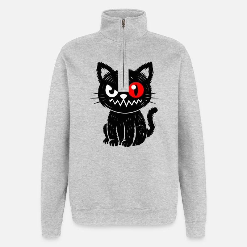 Schwarze Katze mit rotem Auge sitzend  - Quarter-Zip-Sweatshirt - Grau meliert