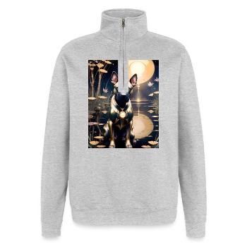 Gold Armor Dog auf dem Mondpier – GBC Galaxy Guard - Quarter-Zip-Sweatshirt - Grau meliert - Vorne - AI Model Female 172 light (172cm) & AI Model Male 178 dark (178cm)