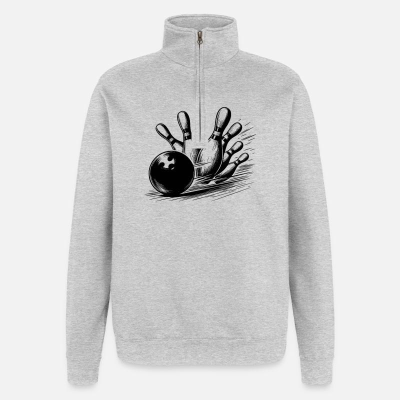 Dynamischer Bowlingkugel Wurf auf Pins - Quarter-Zip-Sweatshirt - Grau meliert