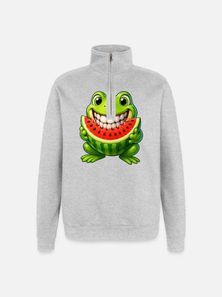 Cheerful frog toad with watermelon summer - Quarter-Zip Sweatshirt - heather grey