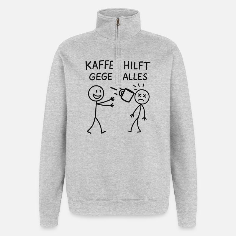 Kaffee hilft gegen alles Strichmännchen - Quarter-Zip-Sweatshirt - Grau meliert