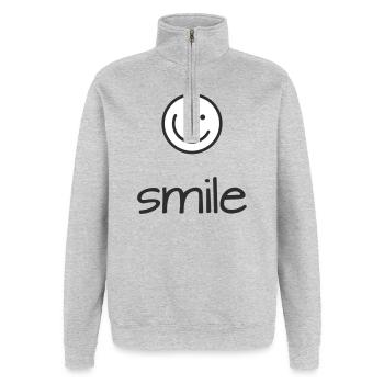 Police du symbole du sourire - Sweat à zip 1/4 - gris chiné - Devant - AI Model Female 172 light (172cm) & AI Model Male 178 dark (178cm)