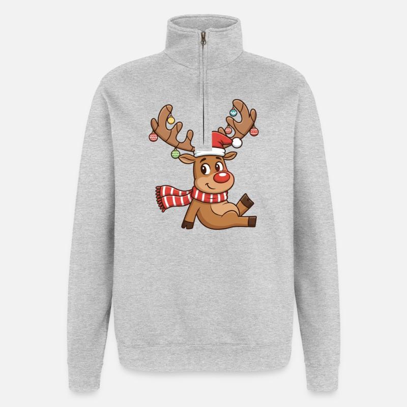 Rentier mit Lichterglanz und Schal - Quarter-Zip-Sweatshirt - Grau meliert