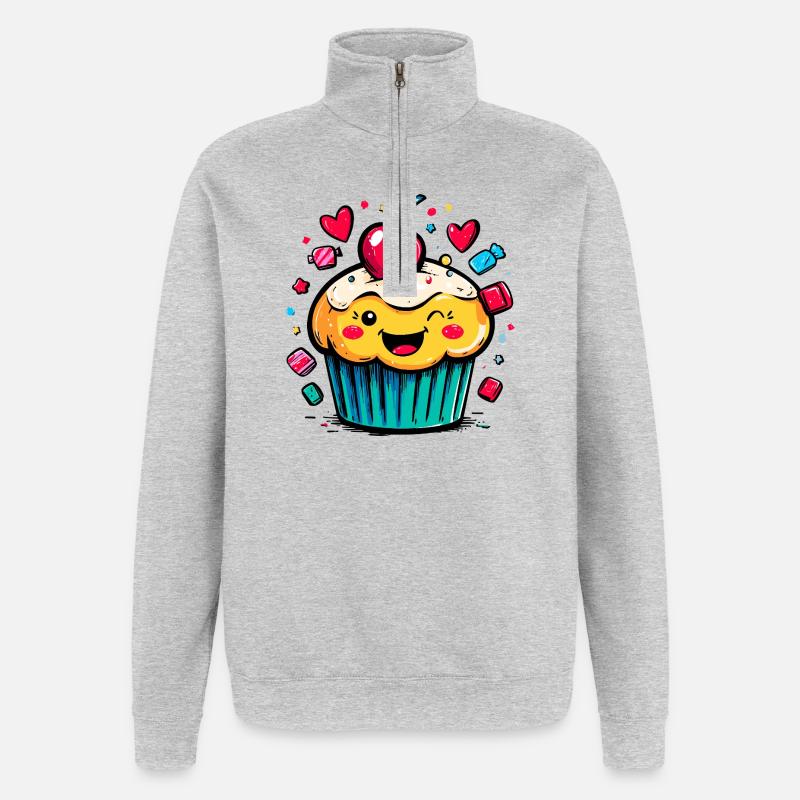 Cupcake Kawaii avec visage de cerise - Sweat à zip 1/4 - gris chiné