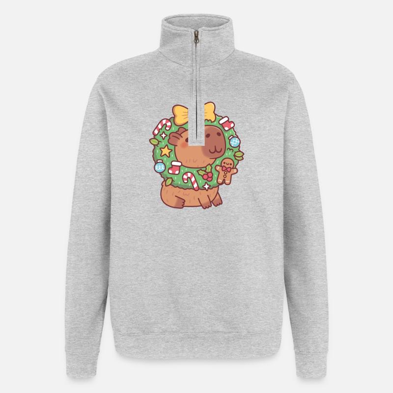 Süßes Capybara mit Weihnachtskranz Lustig - Quarter-Zip-Sweatshirt - Grau meliert