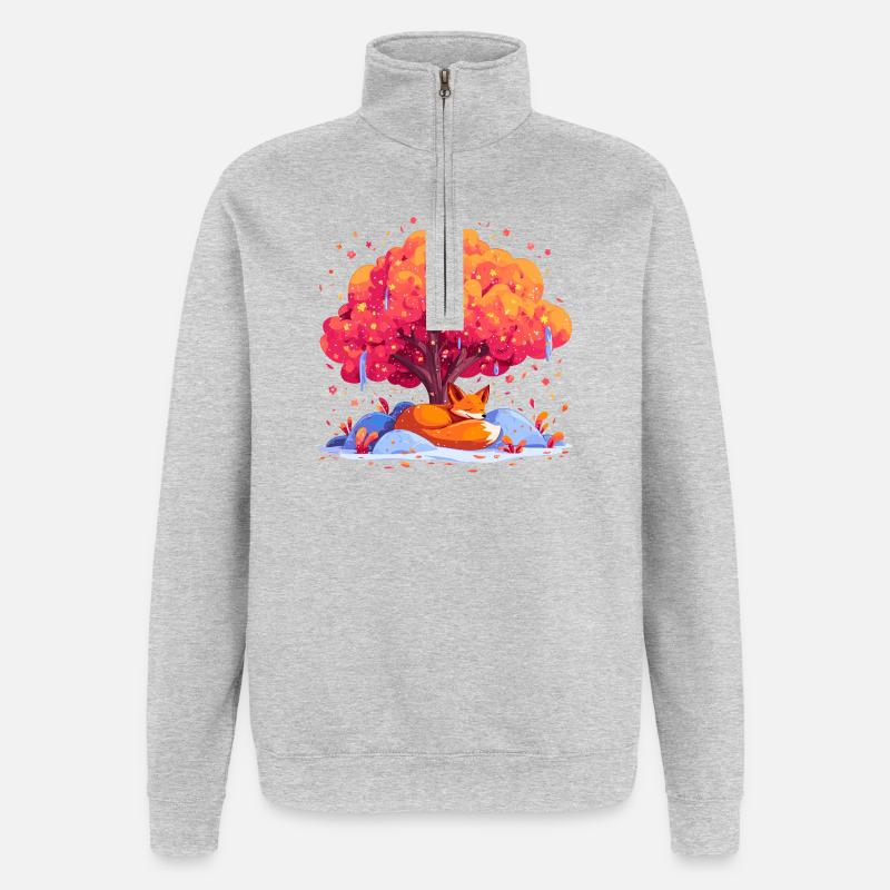Renard sous l’arbre d’automne - Sweat à zip 1/4 - gris chiné