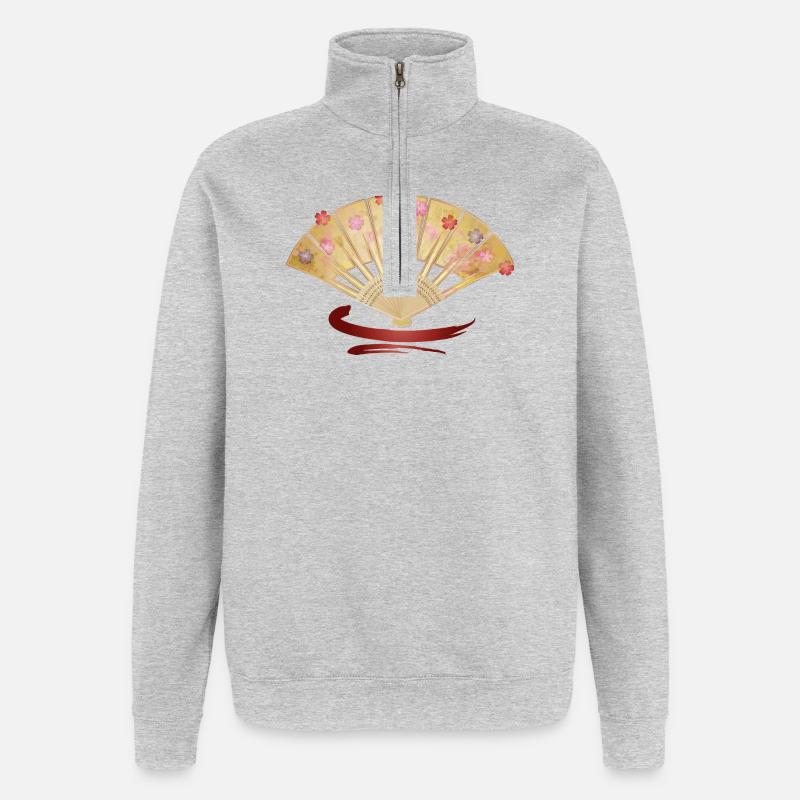Eleganter Fächer mit Kirschblüten und Rotakzent - Quarter-Zip-Sweatshirt - Grau meliert