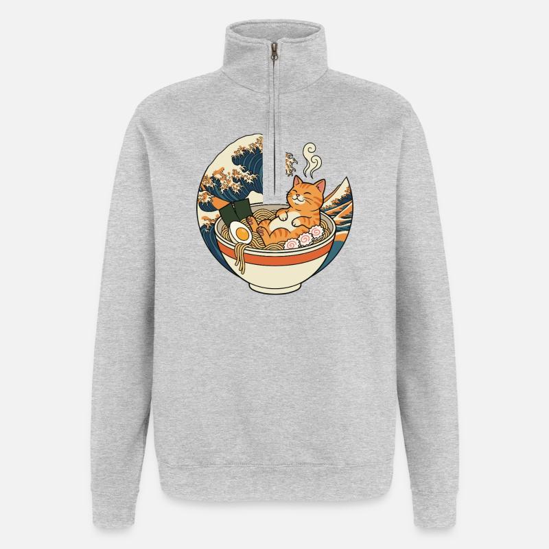 Ramen Chat - Sweat à zip 1/4 - gris chiné