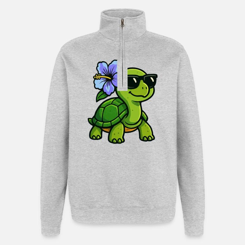 Tortue avec fleur d’hibiscus - Sweat à zip 1/4 - gris chiné