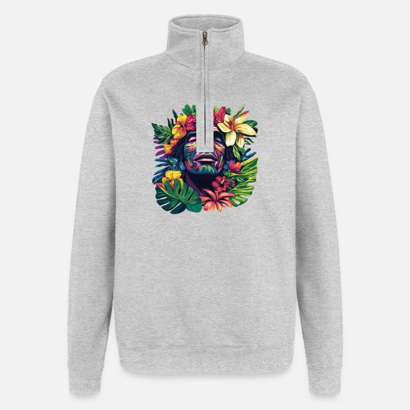 Tropischer Gesichtskopf mit Blumenkranz - Quarter-Zip-Sweatshirt - Grau meliert