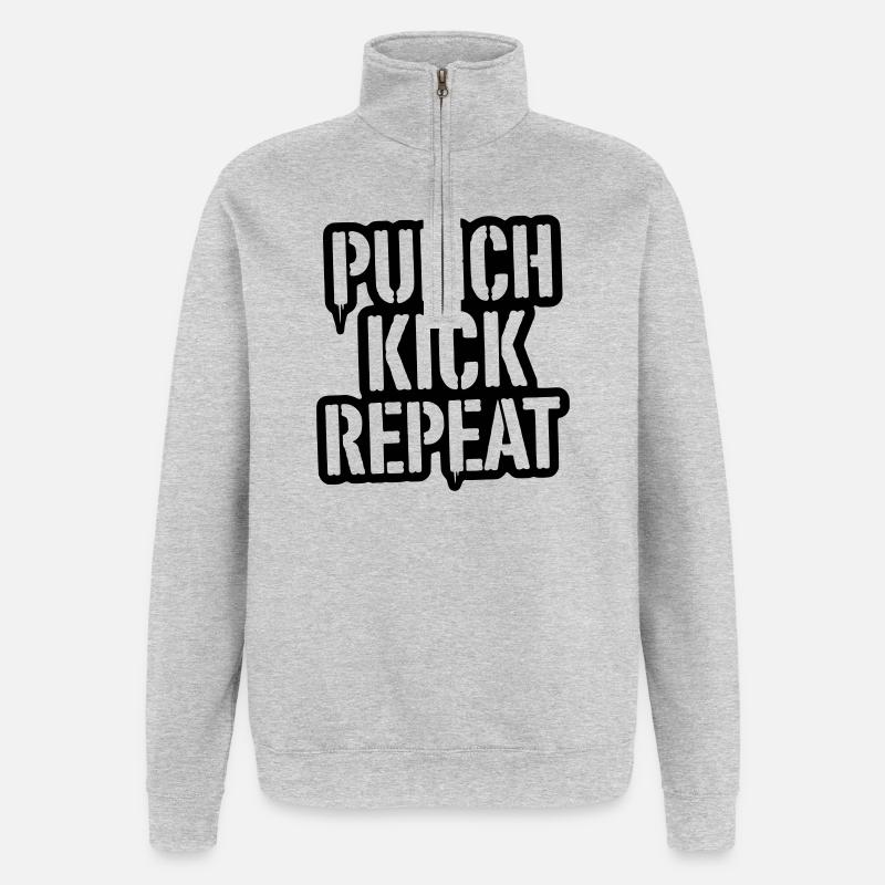 Punch, Kick, Repeat Schriftzug - Kickboxen  - Quarter-Zip-Sweatshirt - Grau meliert