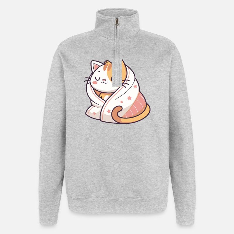 Chat câlin enveloppé dans couverture étoilée - Sweat à zip 1/4 - gris chiné