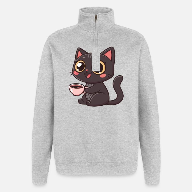 Chat noir café kawaii - Sweat à zip 1/4 - gris chiné