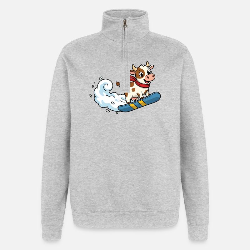 Snowboard Cow Cartoon Funny Winter Cow - Quarter-Zip Sweatshirt - heather grey