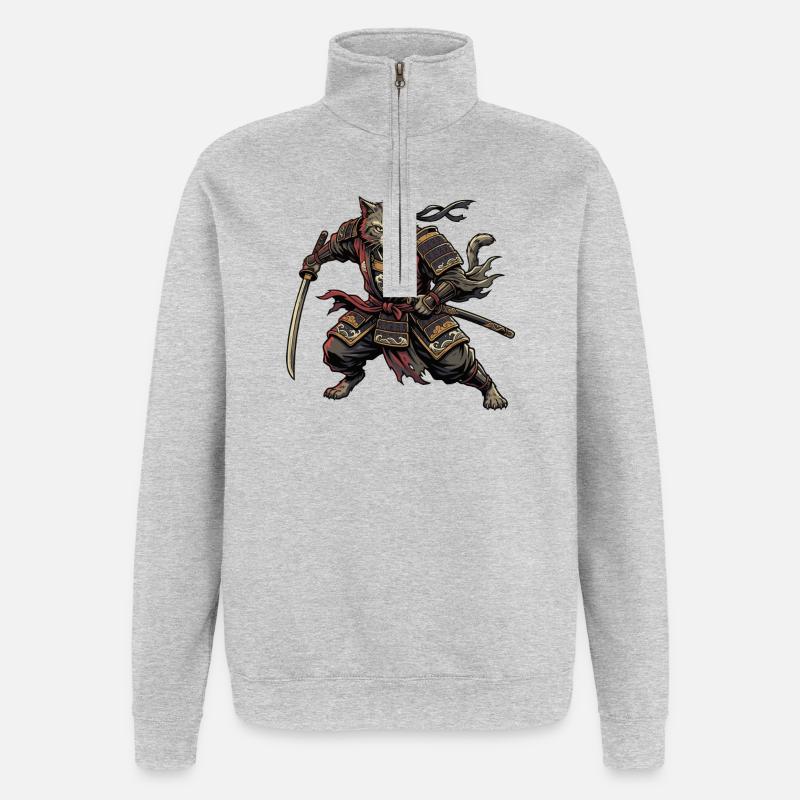 Cat Samurai Warrior - Quarter-Zip Sweatshirt - heather grey