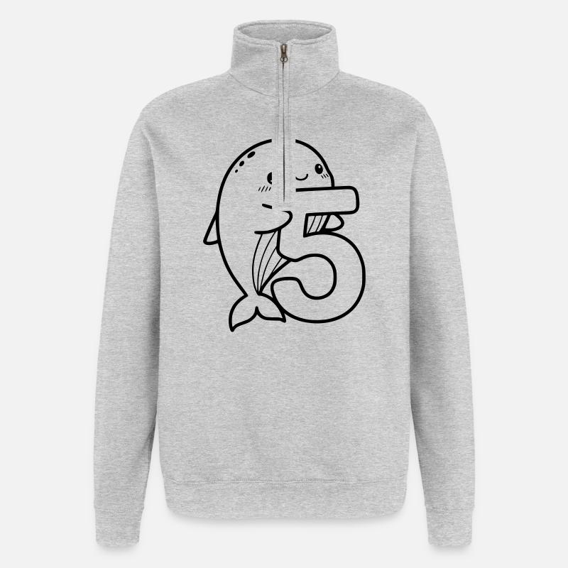 Mignonne baleine avec illustration de dessin animé numéro 5 - Sweat à zip 1/4 - gris chiné