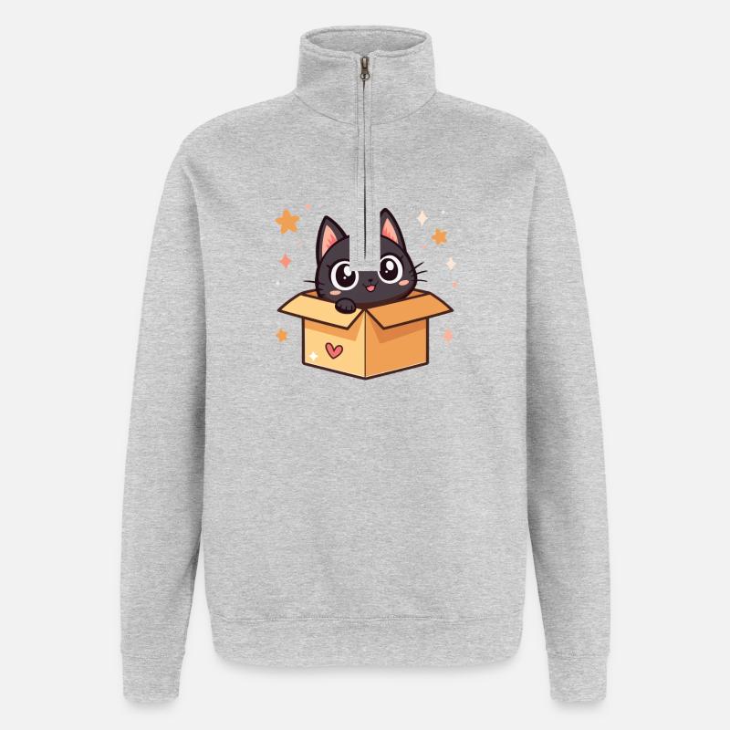 Chat noir mignon dans une boîte - Sweat à zip 1/4 - gris chiné