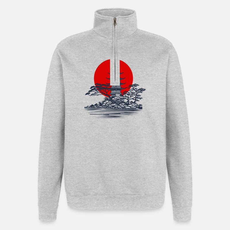 Pagode Silhouette mit roter Sonne Szene - Quarter-Zip-Sweatshirt - Grau meliert