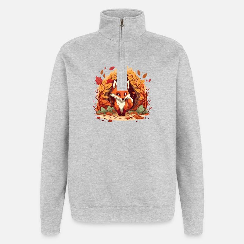 Herbstfuchs im Blätterkreis - Quarter-Zip-Sweatshirt - Grau meliert