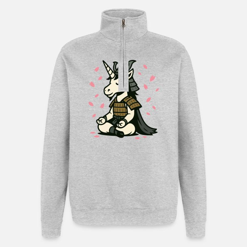 Meditierendes Samurai-Einhorn mit Kirschblüten - Quarter-Zip-Sweatshirt - Grau meliert