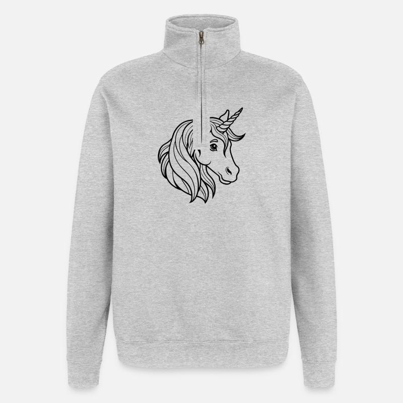 Tête de licorne - Sweat à zip 1/4 - gris chiné
