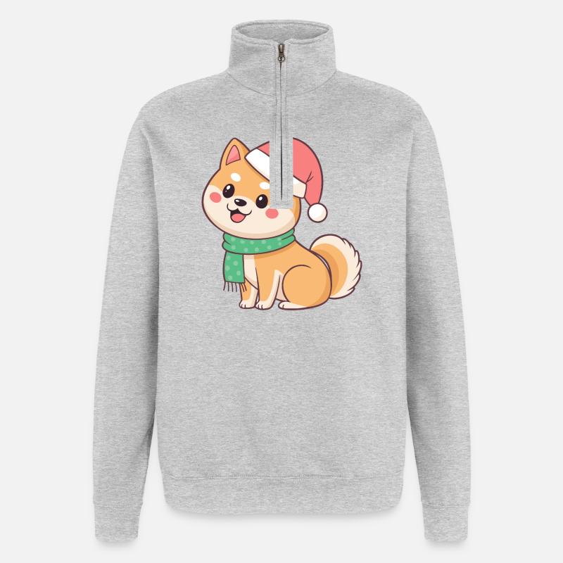 Shiba Noël en bonnet et écharpe - Sweat à zip 1/4 - gris chiné